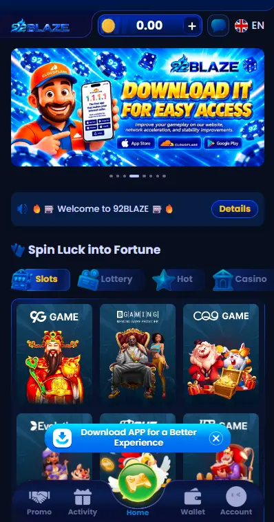92Blaze mobile home screen with account and game options