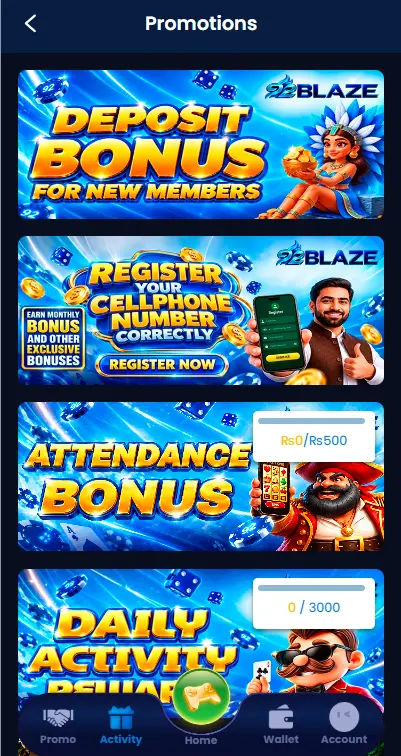 92Blaze mobile promotions screen showing available offers