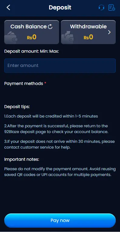 92Blaze mobile deposit screen with payment options